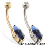 14K Gold belly ring with long sapphire marquise CZ