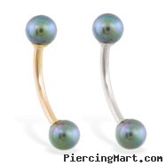 14K Gold Curved Barbell With Black Pearl Balls