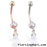 14K Gold Belly Ring With Bezel Set CZ And Dangling Tear Drop CZ