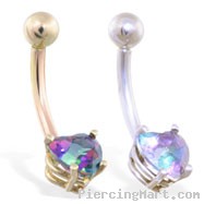 14K Gold belly ring with mystic topaz 6mm CZ heart