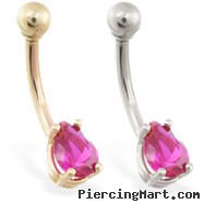 14K Gold belly ring with small fuchsia teardrop CZ