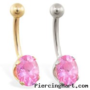 14K Gold belly ring with oval pink tourmaline