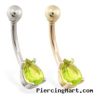 14K Gold belly ring with small peridot teardrop CZ