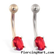 14K Gold belly ring with small ruby red oval CZ