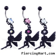 Navel ring with dangling black coated flower and fairy