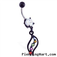 Black coated belly ring with wavy rainbow dangle