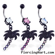 Black coated belly ring with dangling jeweled palm tree