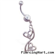 Belly ring with double jeweled open heart dangle