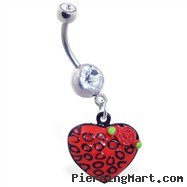 Jeweled belly ring with dangling leopard print heart with rose