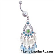 Jeweled belly ring with aquamarine chandelier dangle