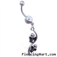 Jeweled belly ring with double skull dangle