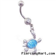 Navel ring with dangling aqua glitter sea turtle