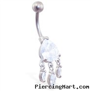 Jeweled teardrop belly ring with triple dangles