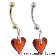 14K Gold belly ring with dangling swarovski red crystal heart