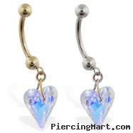 14K Gold belly ring with dangling swarovski ab crystal heart
