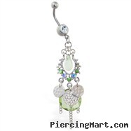 Dangling chandelier belly ring with green stones and chains