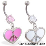 Navel ring with dangling jeweled peace heart