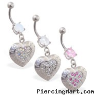 Navel ring with dangling jeweled heart with "Love, Peace, Hope"