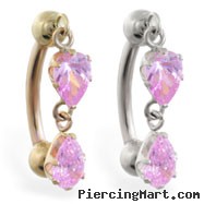 14K Gold reversed belly ring with double Pink Tourmaline teardrop dangle