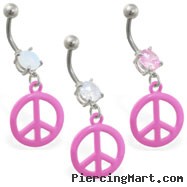 Belly ring with dangling pink peace sign