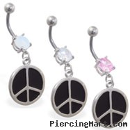 Jeweled belly button ring with dangling peace sign