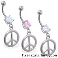 Jeweled navel ring with dangling peace sign