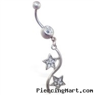 Belly ring with double pave jeweled star dangle