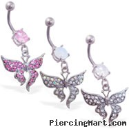 Belly ring with dangling pave jeweled elegant butterfly
