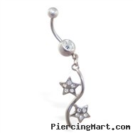 Jeweled belly button ring with double pave jeweled star dangle