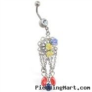 Jeweled belly ring with flower dangles and chains