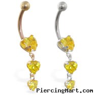 14K Gold belly ring with triple heart yellow CZ dangle