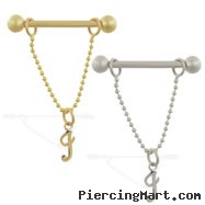 14K Gold nipple ring with dangling cursive initial I