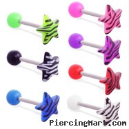 Straight barbell with colored ball and colored tiger print star top, 14 ga