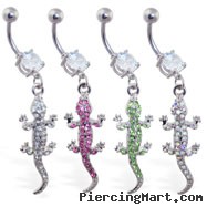 Navel ring with dangling jeweled lizard