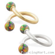 14K Gold twister barbell with Rainbow opal balls , 14ga