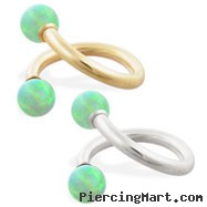 14K Gold twister barbell with Green opal balls , 14ga