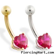 14K Gold belly ring with ruby red 6mm CZ heart
