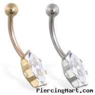 14K Gold belly ring with long clear marquise CZ