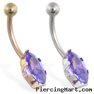 14K Gold belly ring with long purple marquise CZ