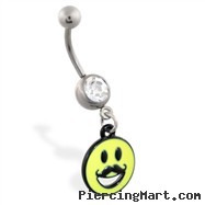 Jeweled belly ring with Dangling Smiley Face with Mustache