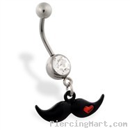 Jeweled belly ring with Dangling Black Mustache with Heart