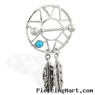 Nipple shield with turquoise stone and dangling feathers, 14 ga