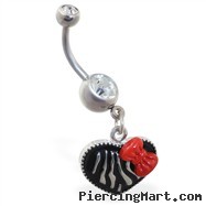 Heart dangle belly ring with zebra print and bow