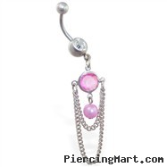 Belly ring with dangling pink jeweled and pearl with chains