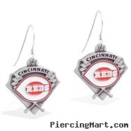 Mspiercing Sterling Silver Earrings With Official Licensed Pewter MLB Charms, Cincinnati Reds