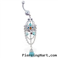 Jeweled chandelier belly ring with turquoise stones