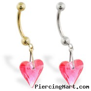 14K Gold belly ring with dangling swarovski ruby red crystal heart