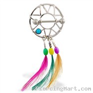 Nipple Shield with Turquoise Stone And Dangling Multi-Color Feathers, 14 Ga