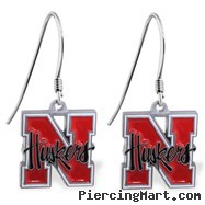 Mspiercing Sterling Silver Earrings With Official Licensed Pewter NCAA Charm, University Of Nebraska