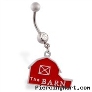 Jeweled belly ring with dangling red barn